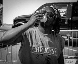 Kari Lebby enjoys a cold beverage on a beautiful monochromatic day. bakarii